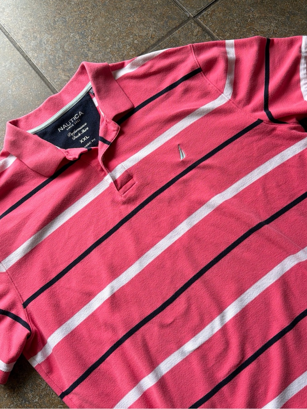 Nautica Men’s Hot Pink Striped Polo with Navy & White Accents